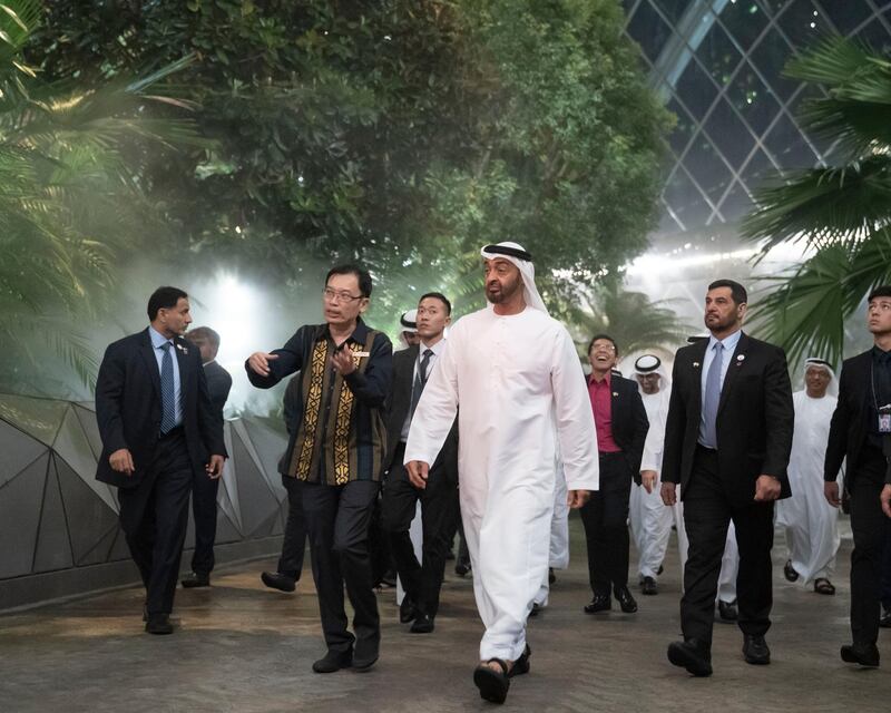 SINGAPORE, SINGAPORE - February 28, 2019: HH Sheikh Mohamed bin Zayed Al Nahyan, Crown Prince of Abu Dhabi and Deputy Supreme Commander of the UAE Armed Forces (centre R) tours Gardens by the Bay. Seen with Felix Loh, Chief Executive Officer of Gardens by the Bay (centre L).

( Ryan Carter for the Ministry of Presidential Affairs )
---