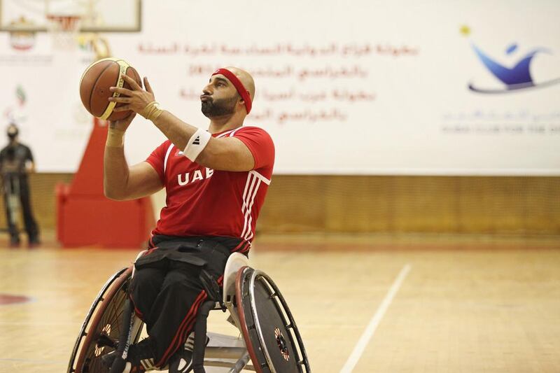 The UAE's men's wheelchair basketball team in action against Jordan at Al Ahli Sports Club in Dubai. Lee Hoagland / The National