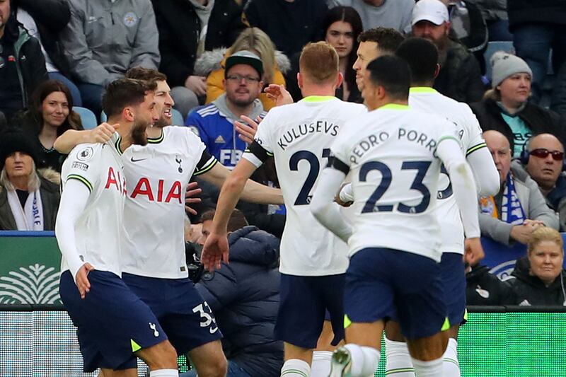 Tottenham's Rodrigo Bentancur is mobbed by teammates after scoring the opening goal. AFP