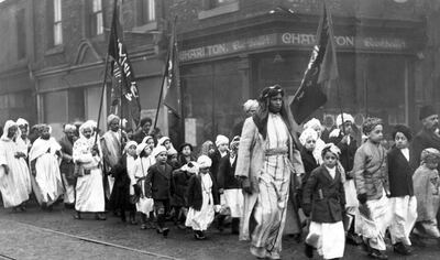 A procession in South Shields in December 1937 to celebrate Ramadan. Through its shipping links with Aden, the town in north-east England has a long-established Yemeni community. Getty Images