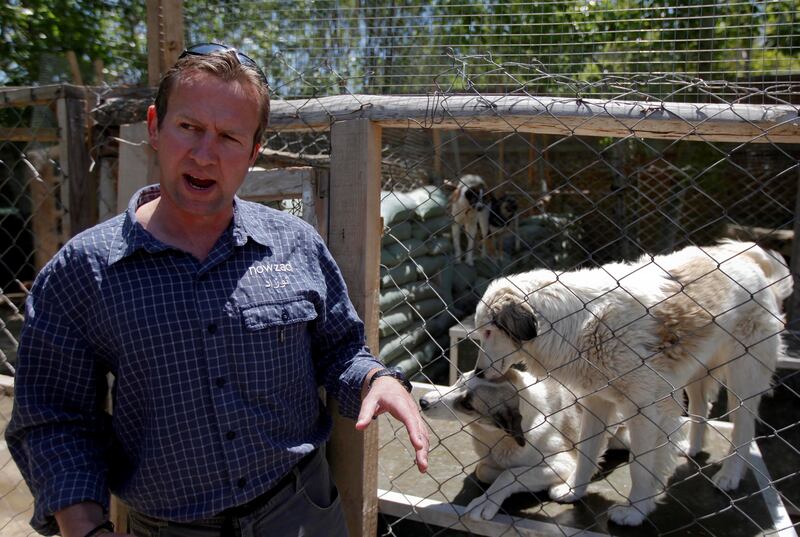 Pen Farthing, founder of British charity Nowzad, stands in front of a cage on the outskirts of Kabul in May 2012. Reuters