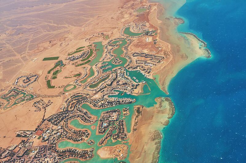 An aerial view of El Gouna, a luxury Egyptian resort city by the Red Sea. Alamy