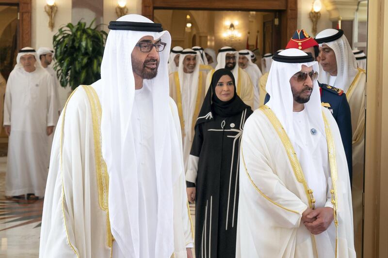 ABU DHABI, UNITED ARAB EMIRATES - August 21, 2018: HH Sheikh Mohamed bin Zayed Al Nahyan Crown Prince of Abu Dhabi Deputy Supreme Commander of the UAE Armed Forces (L) and HH Sheikh Hamdan bin Zayed Al Nahyan, Ruler’s Representative in Al Dhafra Region (R), attend an Eid Al Adha reception at Mushrif Palace. 


( Hamad Al Kaabi / Crown Prince Court - Abu Dhabi )
---