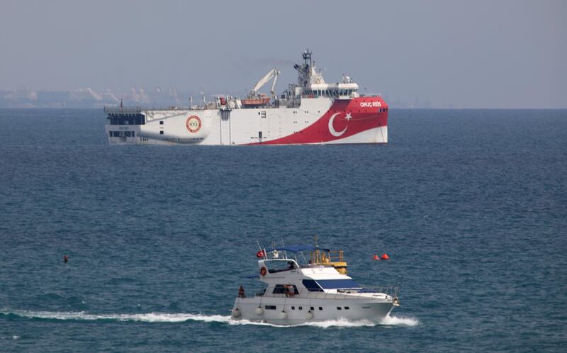FILE - In this Sept. 27, 2020 file photo, Turkey's research vessel Oruc Reis is anchored off the coast of Antalya on the Mediterranean Sea in Turkey. In a tweet Monday, Nov. 30, 2020, Turkeyâ€™s energy ministry said the Oruc Reis had returned to port in Antalya after completing two-dimensional seismic research in the Demre field. (AP Photo/Burhan Ozbilici, File)