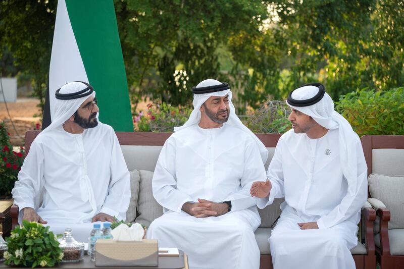 AL AIN, UNITED ARAB EMIRATES - December 09, 2019: (R-L) HH Sheikh Hazza bin Zayed Al Nahyan, Vice Chairman of the Abu Dhabi Executive Council, HH Sheikh Mohamed bin Zayed Al Nahyan, Crown Prince of Abu Dhabi and Deputy Supreme Commander of the UAE Armed Forces, HH Sheikh Mohamed bin Rashid Al Maktoum, Vice-President, Prime Minister of the UAE, Ruler of Dubai and Minister of Defence, attend Al Maqam Palace barza.

( Hamad Al Kaabi / Ministry of Presidential Affairs )​
---