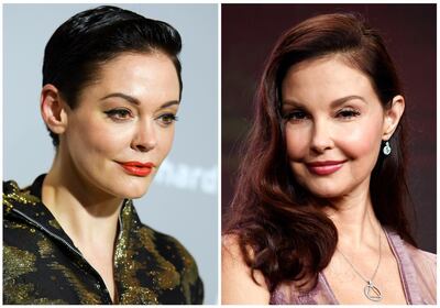 This combination photo shows actors, Rose McGowan at a premiere in Los Angeles on April 15, 2015, left, and Ashley Judd in Beverly Hilla, Calif. on July 25, 2017.  Producer Harvey Weinstein is taking a leave of absence from his company after The New York Times released a report alleging decades of sexual harassment against women, including employees and actress Ashley Judd. The Times reports two company officials say at least eight women have received settlements, including actress Rose McGowan. (AP Photo/File)