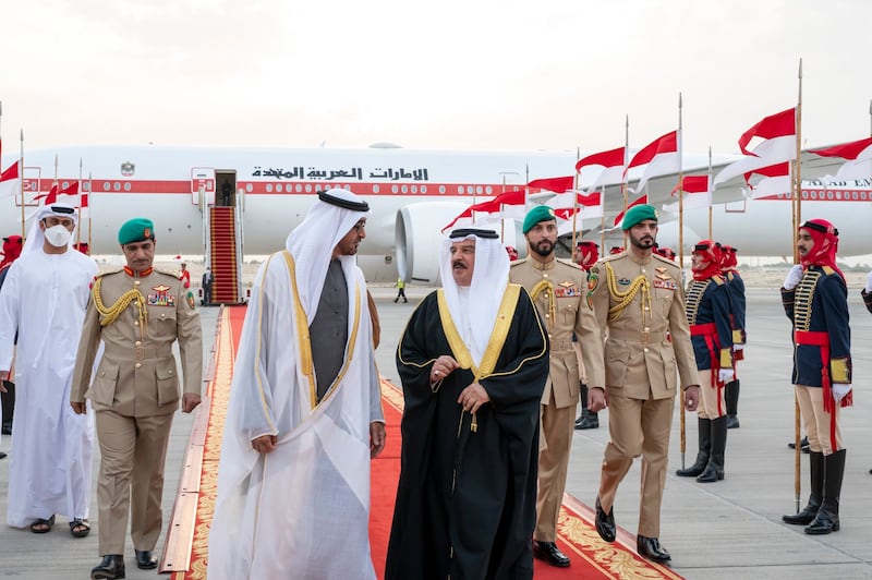 Sheikh Mohamed bin Zayed, Crown Prince of Abu Dhabi and Deputy Supreme Commander of the UAE Armed Forces, is greeted by King Hamad of Bahrain on arrival in the country. Photo: @Mohamedbinzayed via Twitter