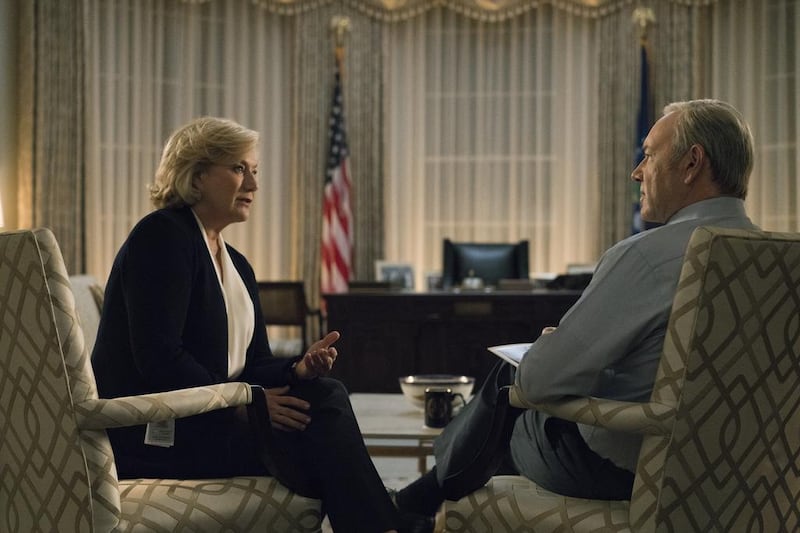 Jayne Atkinson, who plays American secretary of state Catherine Durant, with Kevin Spacey as President Frank Underwood in the White House’s Oval Office in House Of Cards season 5. David Giesbrecht / Netflix