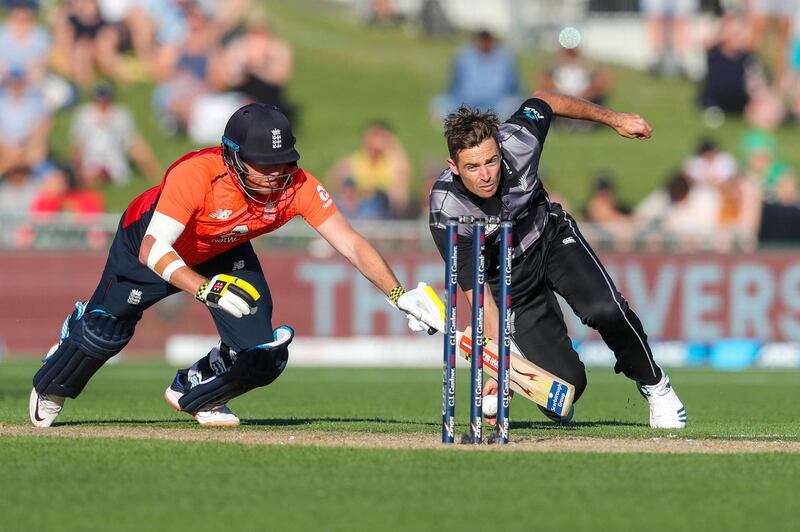 New Zealand's Tim Southee tries to run out England batsman Jonny Bairstow. AP
