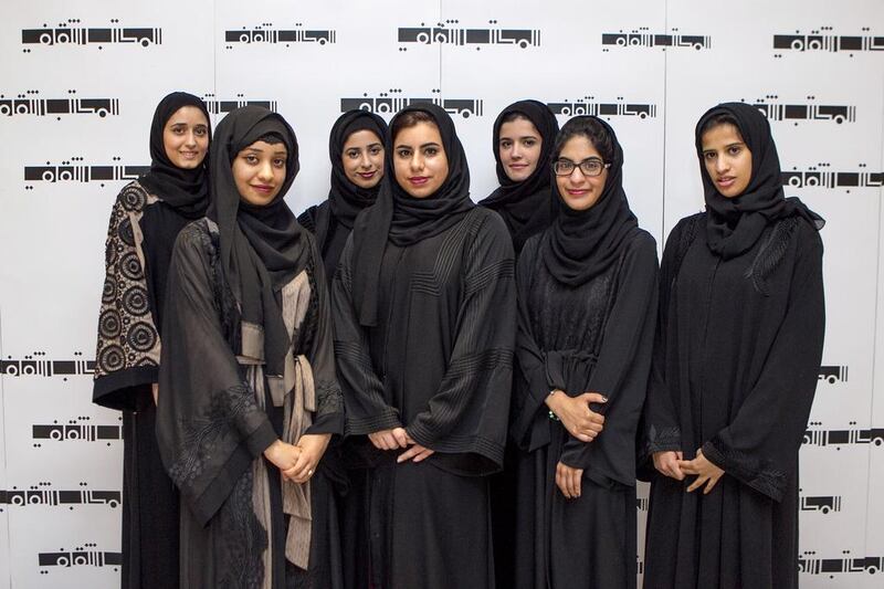 Left to right, Aysha Alkhoori, Ameena Al Jarman, Lamya Alshamsi, Mitha Altamimi, Amna Bin Thaneya, Marieh Sharaf and Mariam Albinali will all travel to Hong Kong. Mona Al-Marzooqi / The National