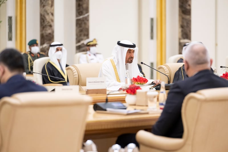 Sheikh Mohamed bin Zayed, Crown Prince of Abu Dhabi and Deputy Supreme Commander of the Armed Forces, hosts an official reception for Mr Erdogan at Qasr Al Watan. All photos: Ministry of Presidential Affairs