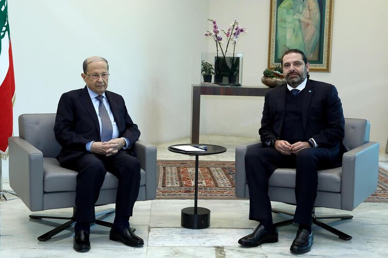 epa08081300 A handout photo made available by Lebanese official agency Dalati and Nohra shows Lebanese President Michel Aoun (L) meeting with former Prime Minister Saad Hariri (R) at the presidential palace in Baabda, Lebanon, 19 December 2019. Parliamentary consultations to designate a new Prime Minister began on 19 December at the Presidential Palace in Baabda, with American University of Beirut professor Hassan Diab now the frontrunner for the position.  EPA/DALATI & NOHRA HANDOUT  HANDOUT EDITORIAL USE ONLY/NO SALES