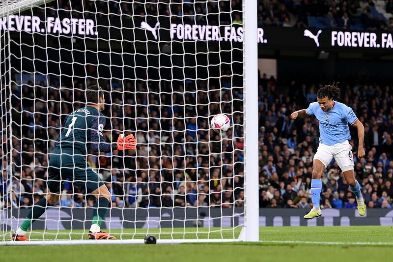 Nathan Ake heads home Manchester City's first goal. Getty