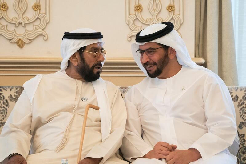 ABU DHABI, UNITED ARAB EMIRATES - October 16, 2018: HH Sheikh Tahnoon bin Mohamed Al Nahyan, Ruler's Representative in Al Ain Region (L) and HH Sheikh Hamdan bin Zayed Al Nahyan, Ruler���s Representative in Al Dhafra Region (R), attend a Sea Palace barza.

(  Rashed Al Mansoori / Crown Prince Court - Abu Dhabi )
---