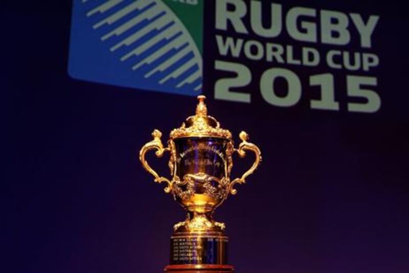 The Webb Ellis trophy is displayed ahead of the Rugby World Cup 2015 pool draw.