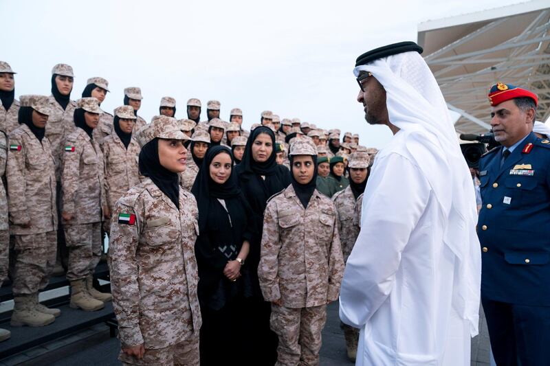 ABU DHABI, UNITED ARAB EMIRATES - April 08, 2019: HH Sheikh Mohamed bin Zayed Al Nahyan Crown Prince of Abu Dhabi Deputy Supreme Commander of the UAE Armed Forces (R), speaks with a participant of the Empowering Women for Peacekeeping course, during a Sea Palace barza.

( Ryan Carter for the Ministry of Presidential Affairs )
---