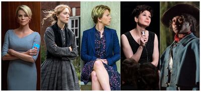 This combination of photos shows lead actress Oscar nominees, from left, Charlize Theron in "Bombshell," Saoirse Ronan in "Little Women," Scarlett Johansson in "Marriage Story," ReneÌe Zellweger in "Judy," and Cynthia Erivo in "Harriet."  The 92nd Academy Awards will take place Feb. 9 in Los Angeles at the Dolby Theatre. (Lionsgate/Sony/Netflix/Roadside Attractions/Focus Features via AP)