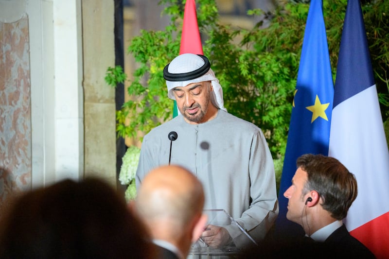 President Sheikh Mohamed gives a speech during a dinner hosted by French President Emmanuel Macron at the Versailles Grand Trianon in Paris on Monday. All photos: Presidential Court