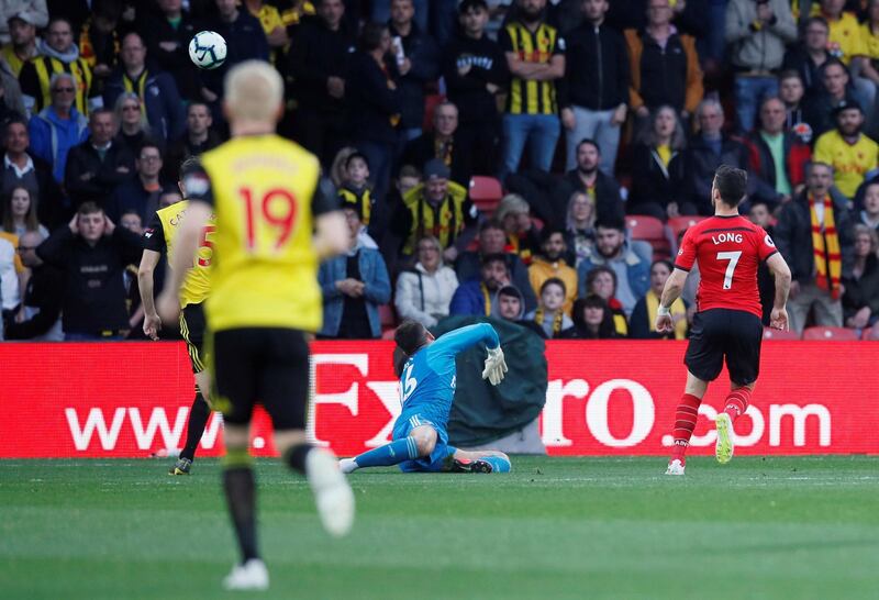 Soccer Football - Premier League - Watford v Southampton - Vicarage Road, Watford, Britain - April 23, 2019  Southampton's Shane Long scores their first goal    REUTERS/David Klein  EDITORIAL USE ONLY. No use with unauthorized audio, video, data, fixture lists, club/league logos or "live" services. Online in-match use limited to 75 images, no video emulation. No use in betting, games or single club/league/player publications.  Please contact your account representative for further details.