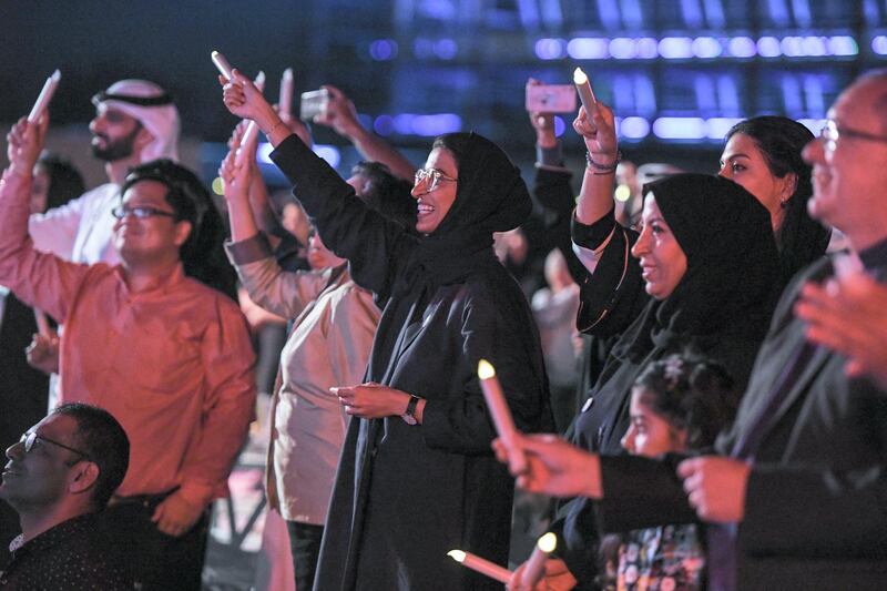 Abu Dhabi, United Arab Emirates - Collective performance with the artists and public to the song ÒLean on MeÓ at the UAE Peace Gathering at Umm Al Emarat Park on February 1, 2019. Khushnum Bhandari for The National