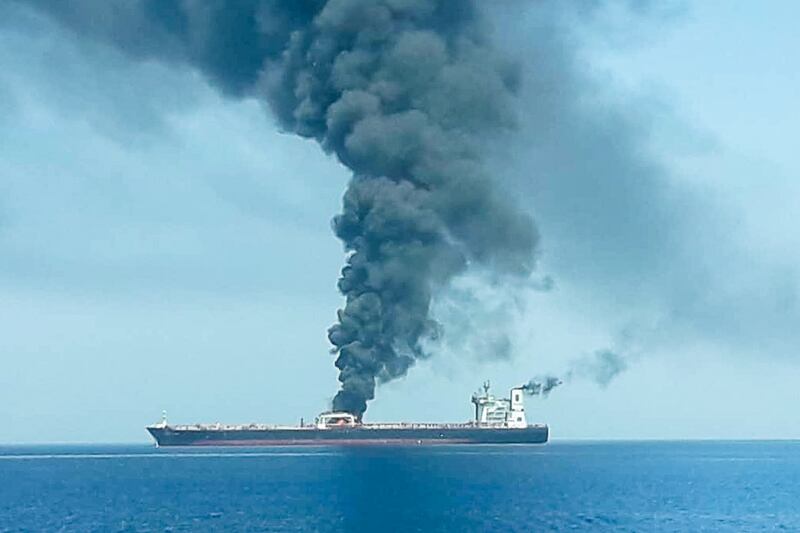 An oil tanker is seen after it was attacked at the Gulf of Oman, in waters between Gulf Arab states and Iran, June 13, 2019. ISNA/Handout via REUTERS ATTENTION EDITORS - THIS IMAGE WAS PROVIDED BY A THIRD PARTY. NO RESALES. NO ARCHIVES