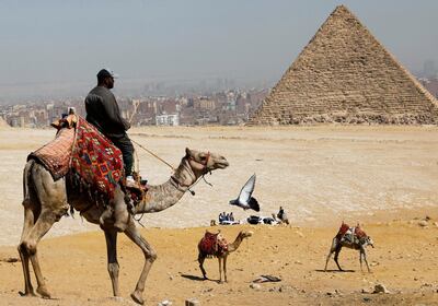 A man waits for tourists to rent his camels in front of the Great Pyramids of Giza, on the outskirts of Cairo, Egypt March 8, 2020. REUTERS/Mohamed Abd El Ghany
