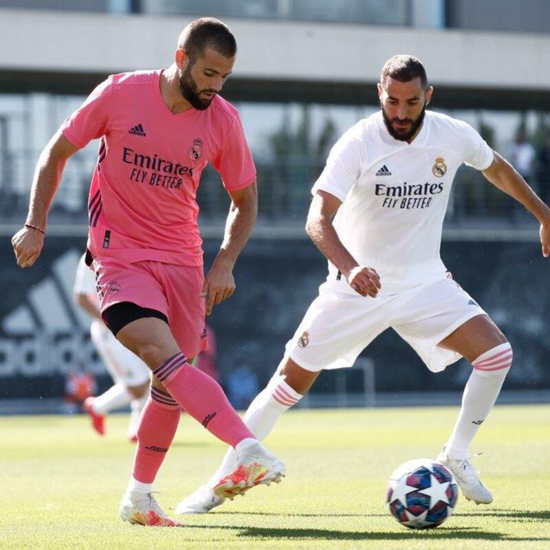 Real Madrid's home jersey for the 2020/21 season is all white, and the away colour is... pink.  Courtesy Real Madrid Twitter/