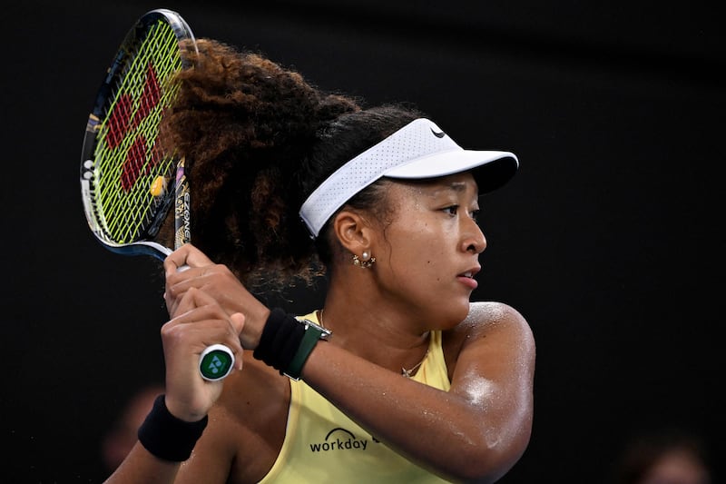 Naomi Osaka hits a backhand to Tamara Korpatsch during their match at the Brisbane International. AFP