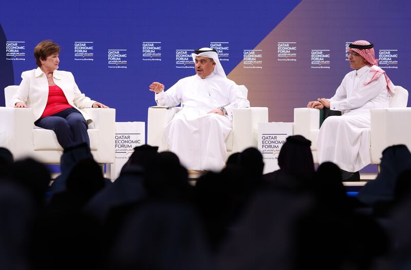 From left, Kristalina Georgieva, managing director of the IMF, Ali bin Ahmed Al Kuwari, Qatar’s Finance Minister, and Mohammed Al Jadaan, Saudi Arabia's Finance Minister, at the Qatar Economic Forum in Doha. Bloomberg