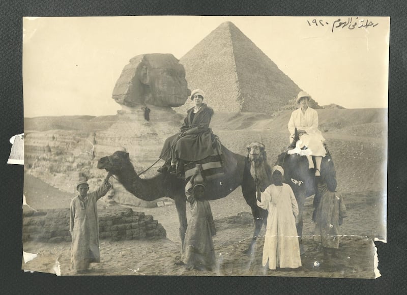 Two women riding camels at the Pyramids of Giza, circa 1920-1925. Copyright Collège de la Sainte Famille. All photos courtesy of the Akkasah Center for Photography at NYU Abu Dhabi