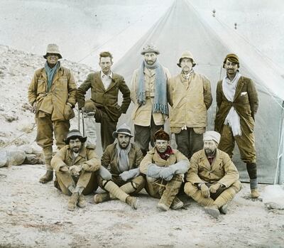 Members in camp - 1924 Mount Everest Expedition, Back row (left to right) - Andrew Irvine, George Mallory, Edward Norton, Noel Odell and John Macdonald. Front row (left to right) - Edward Shebbeare, Geoffrey Bruce, Howard Somervell and Bentley Beetham, Tibet, China, Mount Everest Expedition 1924.  (Photo by J.B. Noel/Royal Geographical Society via Getty Images)