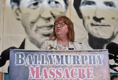 BELFAST, NORTHERN IRELAND - MAY 11: Briege Voyle, daughter of the late Joan Connolly pictured at a press conference at Corpus Christi youth club following the findings of the Ballymurphy Inquest on May 11, 2021 in Belfast, Northern Ireland. The inquest, which began in November 2018, has examined the deaths of 10 civilians who were shot and fatally injured by soldiers in and around the Ballymurphy area of west Belfast in August 1971, the incident is known as the Ballymurphy massacre. The killings happened during an Army operation which followed the introduction of internment in Northern Ireland. The victims included a priest trying to tend to one of the wounded and a mother of eight, an 11th victim, Pat McCarthy, died of a heart attack and is not the subject of the inquest. At the time, the British army claimed they had been shooting at terrorists in Ballymurphy, and the dead were either gunmen or had been caught in the crossfire. (Photo by Charles McQuillan/Getty Images)