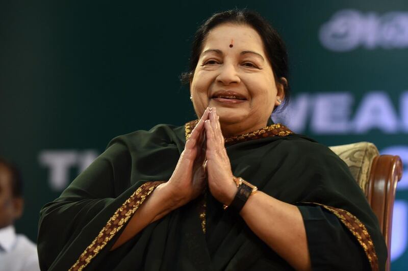 Jayalalithaa Jayaram, leader of All India Anna Dravida Munnetra Kazhagam (AIADMK), taking part in the swearing-in ceremony as chief minister of Tamil Nadu state in Chennai. Jayalalithaa died after a prolonged illness, hospital authorities announced late on December 5, 2016. / AFP / ARUN SANKAR

