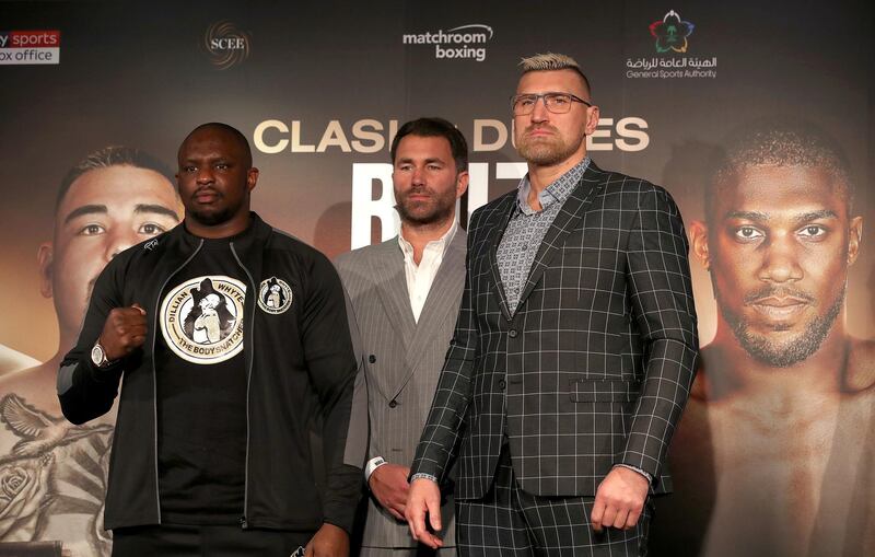 Dillian Whyte (left), boxing promoter Eddie Hearn (centre) and Mariusz Wach at the Diriyah Season Hospitality Lounge in Riyadh, Saudi Arabia. PA Photo. Picture date: Wednesday December 4, 2019. The heavyweight rematch Andy Ruiz Jr. vs. Anthony Joshua takes place at the Diriyah Arena on Saturday. See PA story BOXING Saudi Arabia. Photo credit should read: Nick Potts/PA Wire