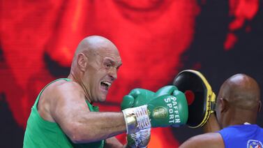 British boxer Tyson Fury trains in Riyadh on May 15, 2024 ahead of his heavyweight world title figh against Ukrainian Oleksandr Usyk on May 18.  (Photo by Fayez Nureldine  /  AFP)