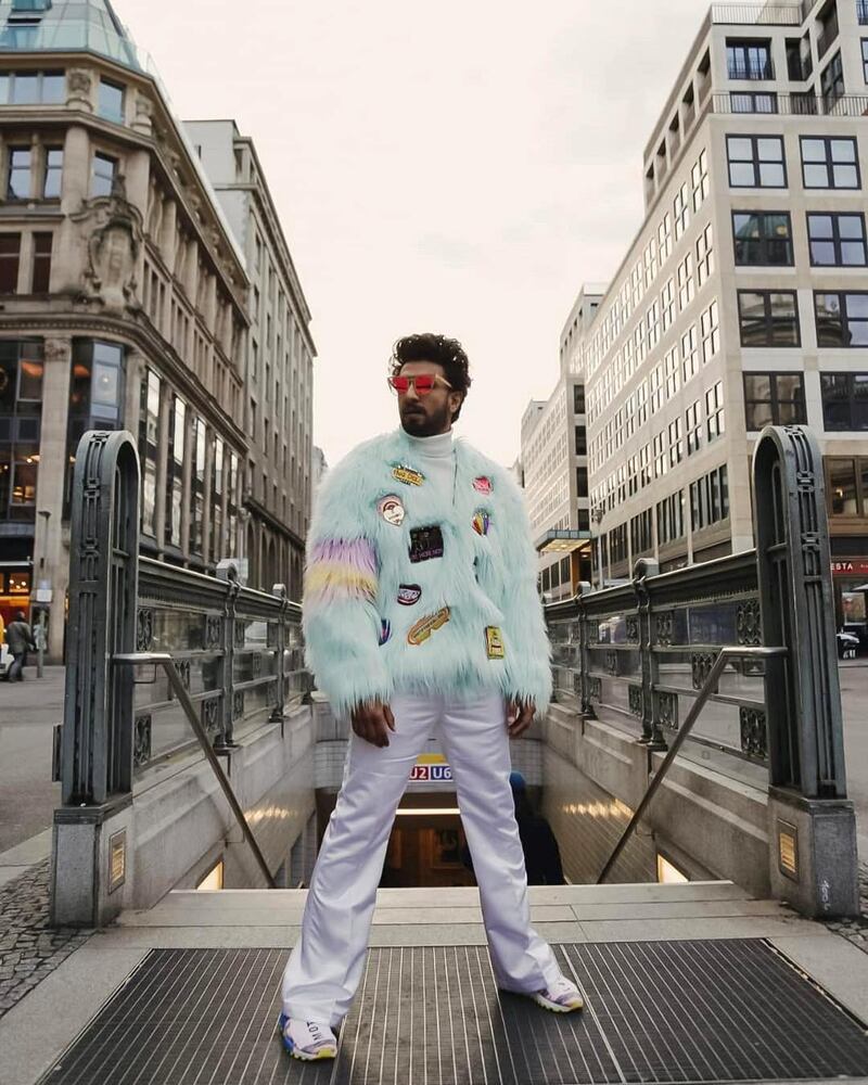 Singh embraced pastel hues in Manish Arora in Berlin this February, with a patched, fluffy jacket and boot-cut lavender trousers. Instagram / Ranveer Singh