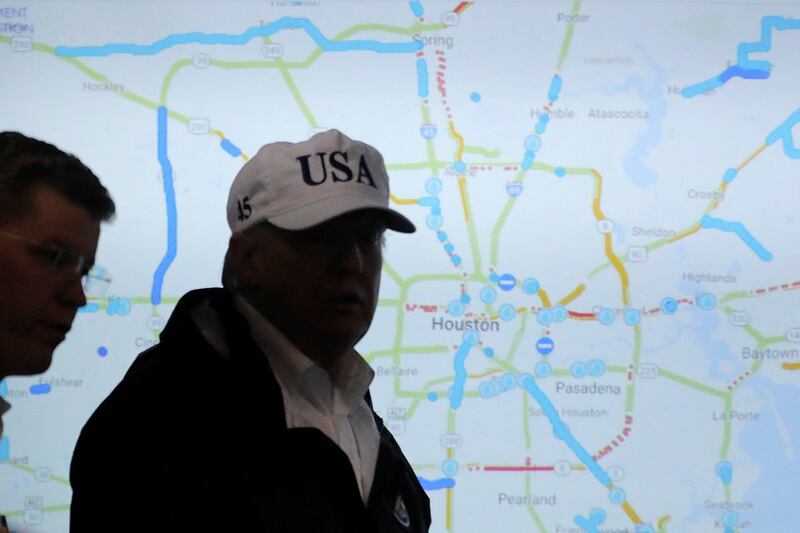 US president Donald Trump listens during a briefing on Tropical Storm Harvey relief efforts at the Texas Department of Public Safety Emergency Operations Center in Austin, Texas. Carlos Barria / Reuters