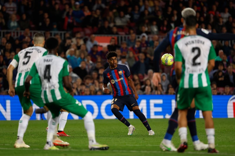Lamine Yamal attempts a shot at goal during the match between Barcelona and Real Betis. AP