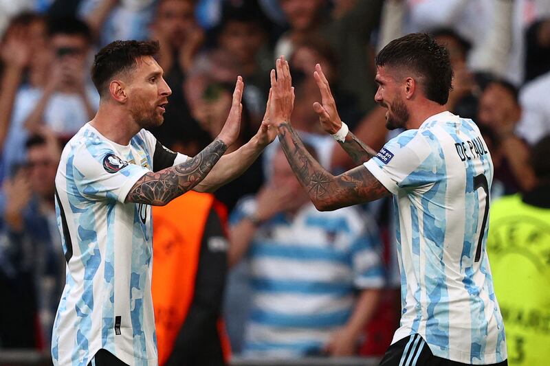 Lionel Messi and midfielder Rodrigo De Paul celebrate after taking the lead against Italy in the  'Finalissima' at Wembley Stadium in London. AFP