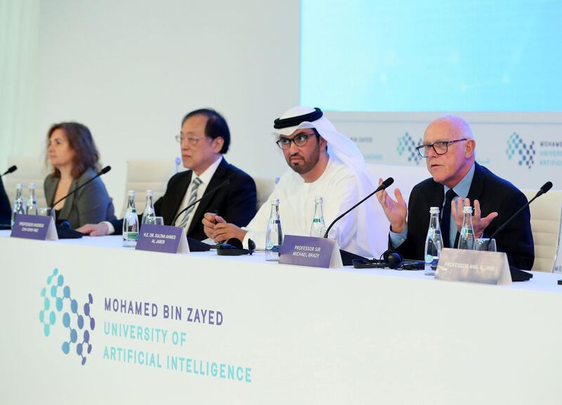 Abu Dhabi, United Arab Emirates - October 16, 2019: L-R Professor Daniela Rus, Professor Andrew Chi-Chih Yao, Dr Sultan Al Jaber, Professor Sir Michael Brady. The launch of Mohamed bin Zayed University of Artificial intelligence. Wednesday the 16th of October 2019. Masdar City, Abu Dhabi. Chris Whiteoak / The National