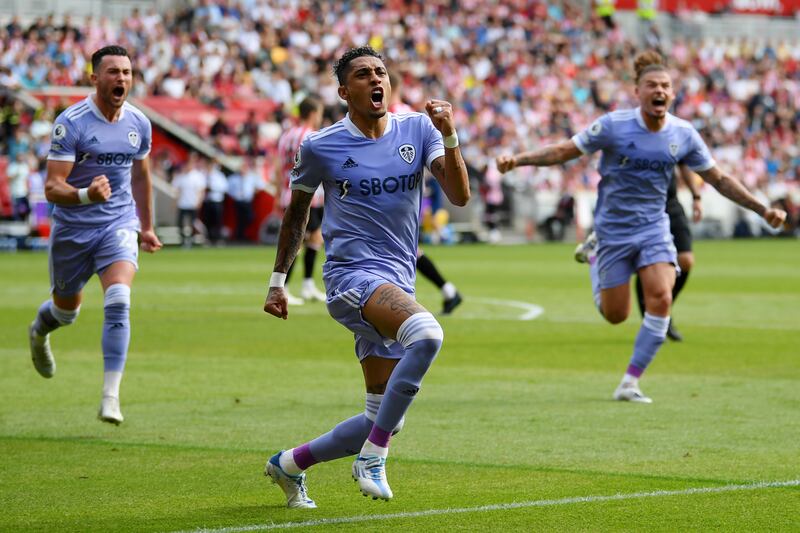 Leeds United's Raphinha celebrates after scoring from the spot against Brentford.