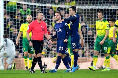 Tottenham Hotspur's Christian Eriksen (centre) celebrates scoring his side's first goal of the game during the Premier League match at Carrow Road, Norwich. PA Photo. Picture date: Saturday December 28, 2019. See PA story SOCCER Norwich. Photo credit should read: Joe Giddens/PA Wire. RESTRICTIONS: EDITORIAL USE ONLY No use with unauthorised audio, video, data, fixture lists, club/league logos or "live" services. Online in-match use limited to 120 images, no video emulation. No use in betting, games or single club/league/player publications.