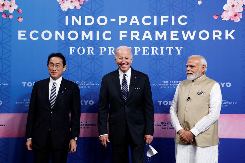 Japan's Prime Minister Kishida, US President Joe Biden, and India's Prime Minister Narendra Modi attend the Indo-Pacific Economic Framework for Prosperity launch event in Tokyo, Japan, on May 23, 2022. Reuters