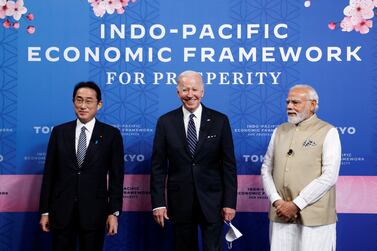 U. S.  President Joe Biden, India's Prime Minister Narendra Modi and Japan's Prime Minister Kishida attend the Indo-Pacific Economic Framework for Prosperity (IPEF) launch event at Izumi Garden Gallery in Tokyo, Japan, May 23, 2022.  REUTERS / Jonathan Ernst