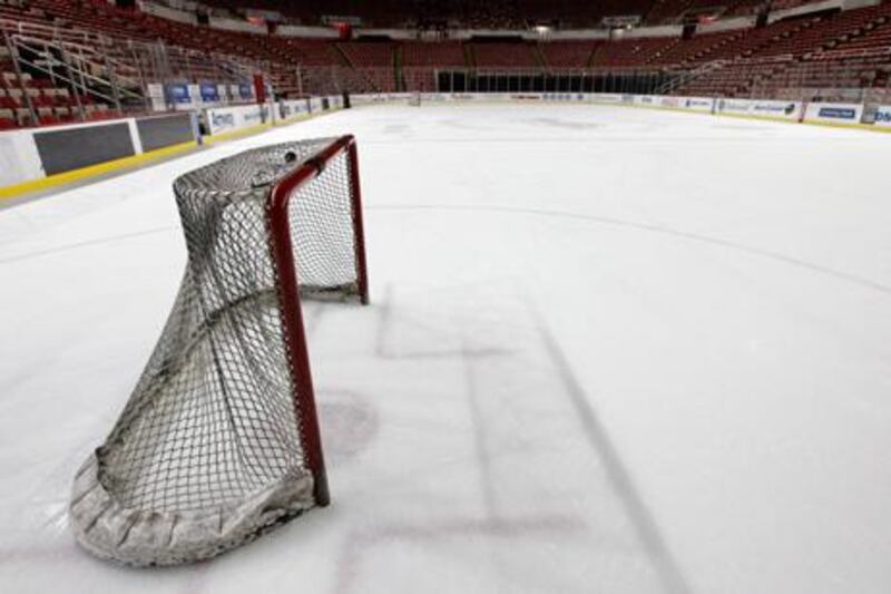 A goal sits unattended at the Joe Louis Arena in Detroit as the NHL lockout continues.