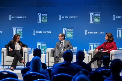 ABU DHABI, UNITED ARAB EMIRATES. 12 FEBRUARY 2019. Panel discussion on Workforce at the Milken Institute 2019 MENA Summit. LtoR: Mina Al-Oraibi, Editor in Chief The National, Jeff Maggioncalda, Coursera and Solveig Nicklos, Abu Dhabi School of Government. (Photo: Antonie Robertson/The National) Journalist: John Dennehy. Section: National.