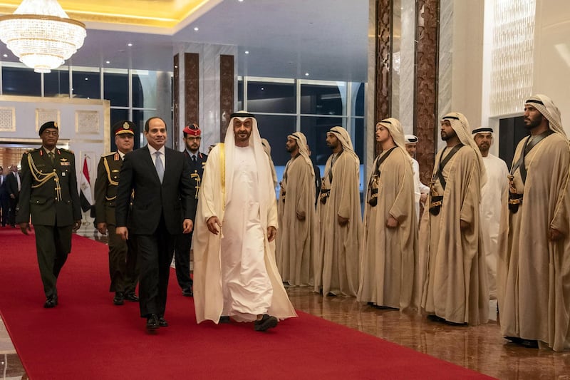 ABU DHABI, UNITED ARAB EMIRATES - November 13, 2019: HH Sheikh Mohamed bin Zayed Al Nahyan, Crown Prince of Abu Dhabi and Deputy Supreme Commander of the UAE Armed Forces (front R) receives HE Abdel Fattah El Sisi, President of Egypt (front L), at the Presidential Airport.

( Hamad Al Kaabi / Ministry of Presidential Affairs )
---