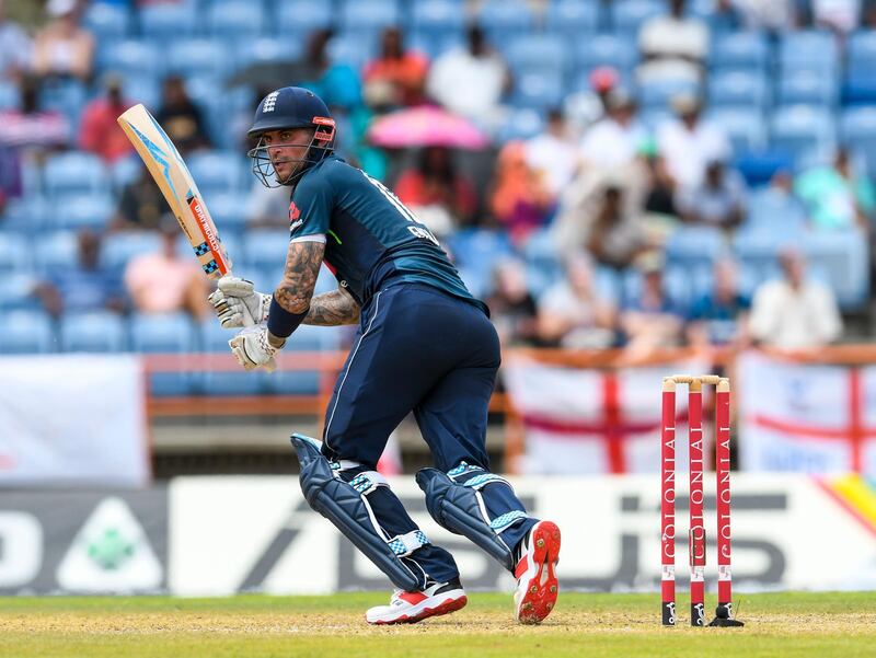 Alex Hales of England hits 4 during the 4th ODI between West Indies and England at Grenada National Cricket Stadium, Saint George's, Grenada, on February 27, 2019. (Photo by Randy Brooks / AFP)