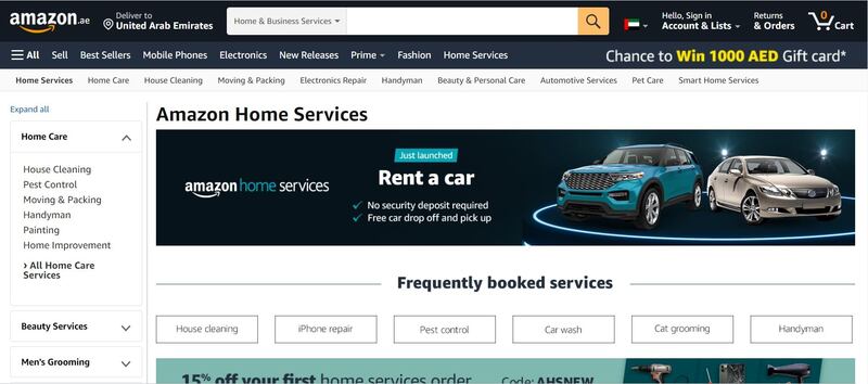 Amazon’s car rental service was launched in the UAE through its Home Services platform. Amazon 