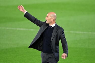Real Madrid's French coach Zinedine Zidane gesture during the Spanish League football match between Real Madrid and Osasuna at the Alfredo Di Stefano stadium in Valdebebas in the outskirts of Madrid on May 1, 2021. / AFP / JAVIER SORIANO